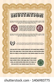 Orange Formal invitation template. With linear background. Retro design. Detailed. 