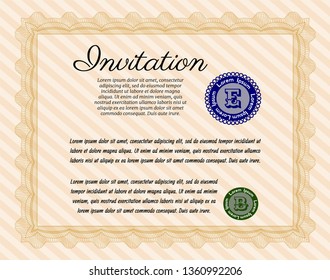 Orange Formal invitation template. Lovely design. With linear background. Vector illustration. 