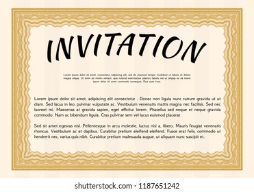 Orange Formal invitation template. Money Pattern design. With great quality guilloche pattern. Customizable, Easy to edit and change colors. 