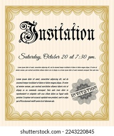 Orange Formal invitation template. Nice design. With guilloche pattern. Vector illustration. 