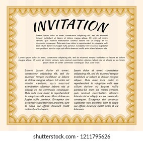 Orange Formal invitation template. Printer friendly. Detailed. Money Pattern. 
