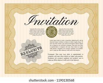 Orange Formal invitation template. With quality background. Detailed. Money Pattern design. 