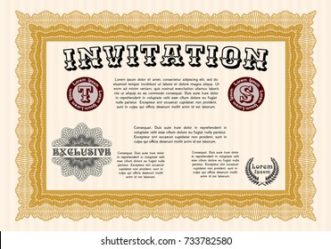 Orange Formal invitation template. Retro design. Vector illustration. With complex linear background. 