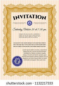 Orange Formal invitation template. Superior design. Customizable, Easy to edit and change colors. With guilloche pattern and background. 