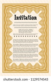 Orange Formal invitation template. Vector illustration. With guilloche pattern and background. Lovely design. 