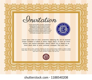 Orange Formal invitation template. Vector illustration. With guilloche pattern and background. Beauty design. 