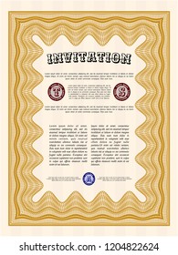 Orange Formal invitation template. Vector illustration. With complex linear background. Money style design. 