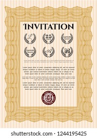 Orange Formal invitation template. Vector illustration. With complex background. Money Pattern design. 