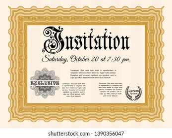Orange Formal invitation template. Vector illustration. With guilloche pattern. Sophisticated design. 