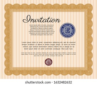 Orange Formal invitation template. Vector illustration. With guilloche pattern. Money Pattern design. 