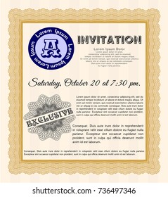 Orange Formal invitation template. Vector illustration. With guilloche pattern and background. Retro design. 