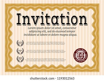 Orange Formal invitation. Vector illustration. With guilloche pattern and background. Money Pattern design. 