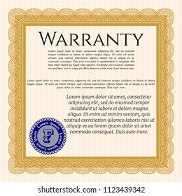 Orange Formal Warranty Certificate template. Elegant design. With complex linear background. Vector illustration. 