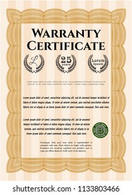 Orange Formal Warranty Certificate template. Modern design. Detailed. With guilloche pattern and background. 