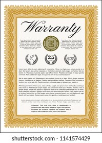Orange Formal Warranty Certificate template. With linear background. Money Pattern design. Customizable, Easy to edit and change colors. 