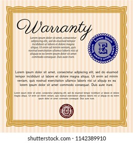 Orange Formal Warranty Certificate template. With linear background. Lovely design. Vector illustration. 