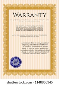 Orange Formal Warranty Certificate template. Cordial design. Vector illustration. With complex background. 