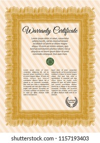 Orange Formal Warranty Certificate template. With guilloche pattern. Detailed. Superior design. 