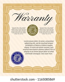 Orange Formal Warranty Certificate template. Elegant design. Printer friendly. Detailed. 
