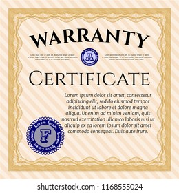 Orange Formal Warranty Certificate template. Excellent design. With linear background. Customizable, Easy to edit and change colors. 
