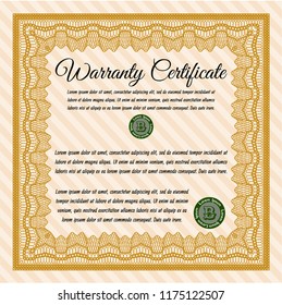 Orange Formal Warranty Certificate template. With guilloche pattern. Detailed. Money Pattern. 