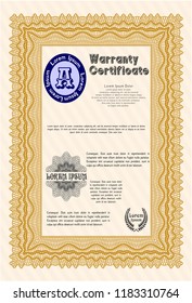 Orange Formal Warranty Certificate template. Elegant design. Customizable, Easy to edit and change colors. With guilloche pattern. 