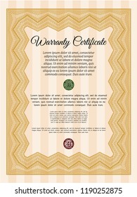 Orange Formal Warranty Certificate template. Superior design. Vector illustration. Easy to print. 