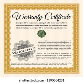 Orange Formal Warranty Certificate template. Vector illustration. With complex background. Cordial design. 