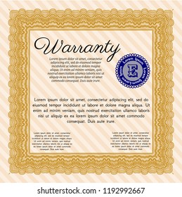 Orange Formal Warranty Certificate template. Sophisticated design. With complex background. Detailed. 