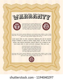 Orange Formal Warranty Certificate template. Cordial design. Detailed. With guilloche pattern and background. 