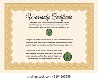 Orange Formal Warranty Certificate template. Customizable, Easy to edit and change colors. With complex linear background. Artistry design. 