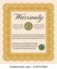 Orange Formal Warranty Certificate template. Vector illustration. With guilloche pattern. Superior design. 