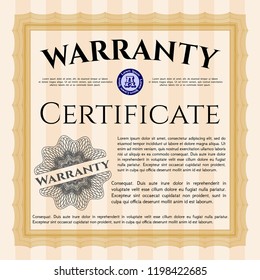 Orange Formal Warranty Certificate template. With background. Customizable, Easy to edit and change colors. Superior design. 