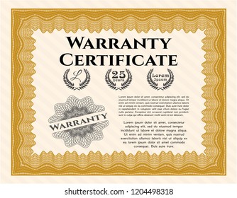 Orange Formal Warranty Certificate template. With linear background. Lovely design. Detailed. 