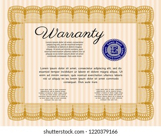 Orange Formal Warranty Certificate template. Money Pattern. Vector illustration. Easy to print. 