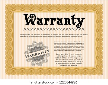 Orange Formal Warranty Certificate template. With background. Elegant design. Vector illustration. 