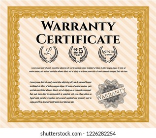 Orange Formal Warranty Certificate template. Cordial design. With guilloche pattern. Detailed. 