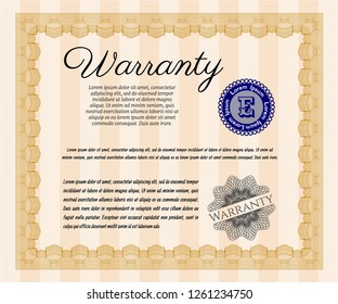 Orange Formal Warranty Certificate template. Vector illustration. With great quality guilloche pattern. Retro design. 
