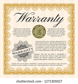 Orange Formal Warranty Certificate template. Sophisticated design. With complex background. Detailed. 