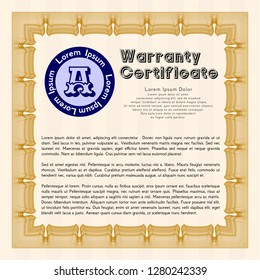 Orange Formal Warranty Certificate template. With quality background. Money Pattern design. Detailed. 