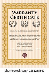 Orange Formal Warranty Certificate template. Vector illustration. Easy to print. Money Pattern. 