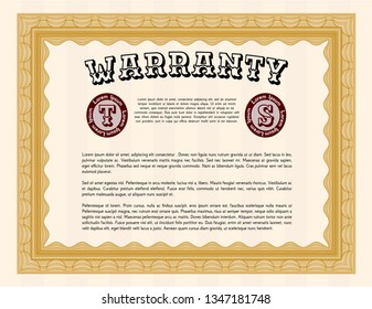 Orange Formal Warranty Certificate template. With linear background. Money Pattern design. Vector illustration. 