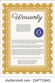 Orange Formal Warranty Certificate template. Printer friendly. Nice design. Vector illustration. 