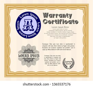 Orange Formal Warranty Certificate template. Customizable, Easy to edit and change colors. Complex background. Perfect design. 