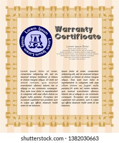 Orange Formal Warranty Certificate template. With guilloche pattern. Cordial design. Vector illustration. 