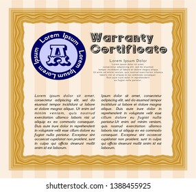 Orange Formal Warranty Certificate template. Complex background. Money style design. Customizable, Easy to edit and change colors. 