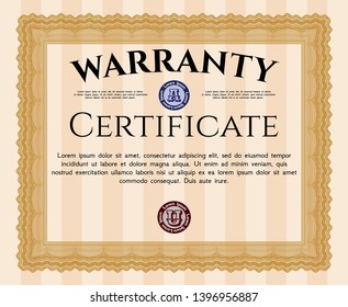 Orange Formal Warranty Certificate template. With linear background. Money Pattern. Customizable, Easy to edit and change colors. 