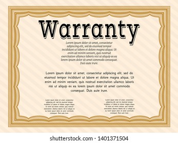 Orange Formal Warranty Certificate template. Money design. With guilloche pattern and background. Customizable, Easy to edit and change colors. 