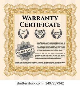 Orange Formal Warranty Certificate template. Detailed. Printer friendly. Money Pattern design. 