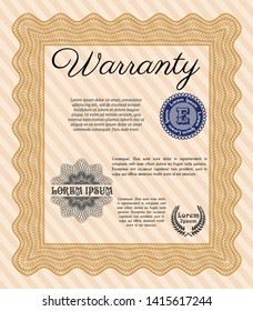 Orange Formal Warranty Certificate template. With complex background. Money Pattern design. Vector illustration. 